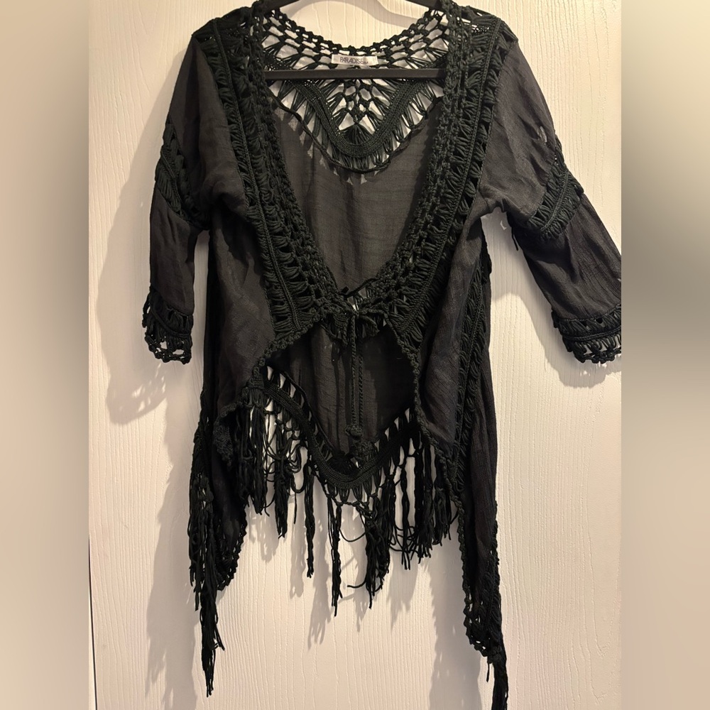 PARADISE USA 
Black Asymmetrical cover up with 3/4 Sleeves and Tie Front